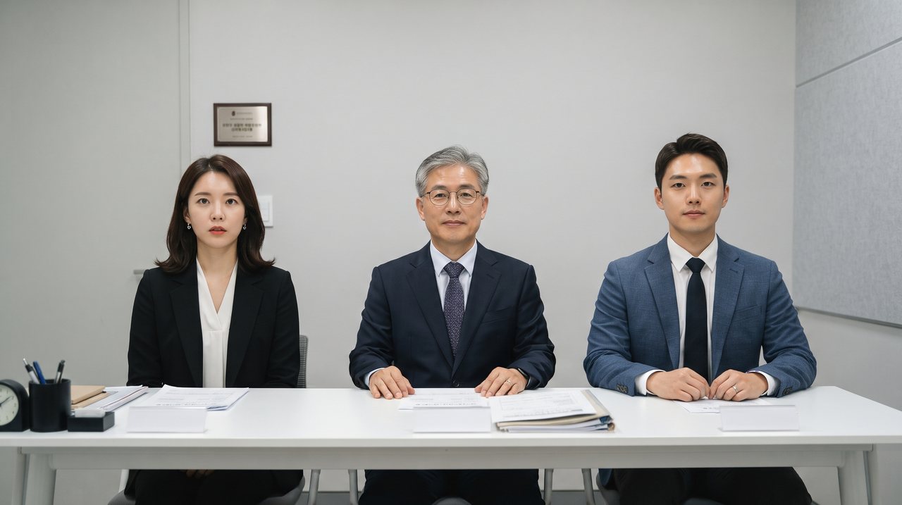 AI 면접관 세 명이 책상에 앉아 있는 모습